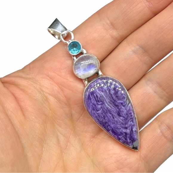 Charoite Rainbow Moonstone Blue Topaz Necklace Pendant Solid 925 Sterling Silver - Picture 5 of 8